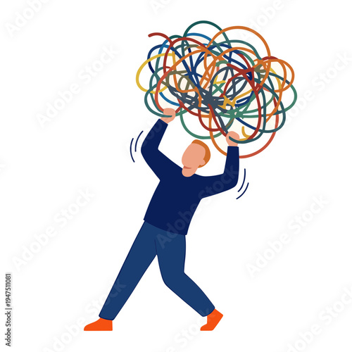 A person struggles to hold up a chaotic bundle of colorful rings.