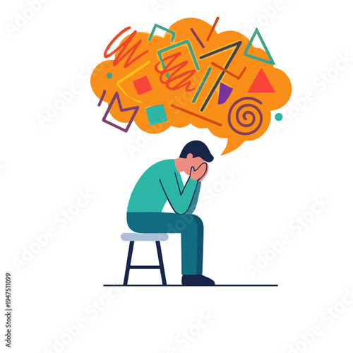 A man sits on a stool with his head in his hands, overwhelmed by thoughts.