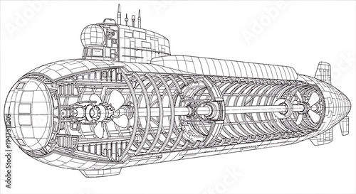 Detailed Blueprint of a Submarine's Internal Structure and Propulsion System, Showcasing Advanced Engineering and Naval Technology