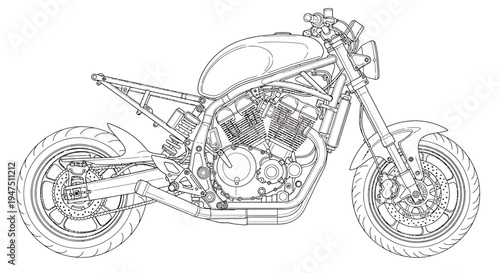 Precision vector illustration of a robust modern motorcycle, meticulously detailed to showcase its complex engineering and sophisticated design elements in a clear line art style
