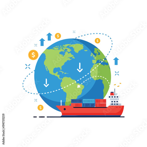 Cargo ship near Earth with shipping routes, arrows, and dollar signs