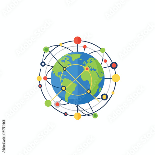 Stylized globe with interconnected points, nodes, and orbital lines