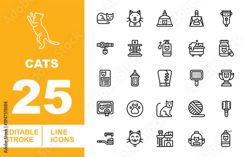 Cat Hygiene, Kitten Care, and Pet Travel Line Icons. Editable stroke icons for feline grooming. Featuring cat toothbrushes, electric clippers, kitten nursing bottles, pet bath tubs, and cat backpacks