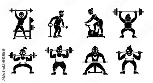 Gym workout and fitness training icons featuring people lifting weights and using exercise equipment in black silhouette