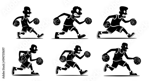 Basketball player character set with various action poses and expressions in flat black and white vector illustration