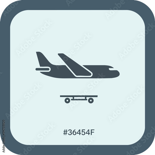 A simplified dark grey airplane icon above a luggage cart icon on a light grey background