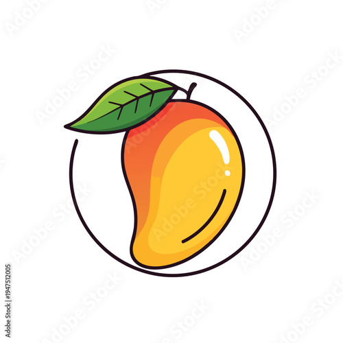 Vibrant mango with green leaf inside a simple outline circle