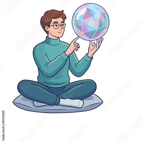 A man sits cross-legged on a mat, holding a colorful crystal ball.