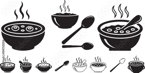 Black and white soup bowls with steam and spoons