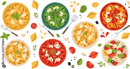 Variety of Italian Pasta Dishes with Fresh Vegetables, Herbs, and Sauces, Featuring Bowtie, Penne, and Fusilli Pasta for Delicious Meal Illustrations
