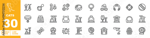 Cat Lifestyle & Pet Toy Icons. Editable stroke vector icons for feline care. Featuring cat trees, scratching posts, yarn balls, teaser toys, cozy pet beds, and cat carriers for pet shop or feline 