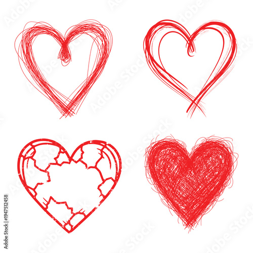 Set of four doodle sketch heart shapes, perfect for valentine's day designs