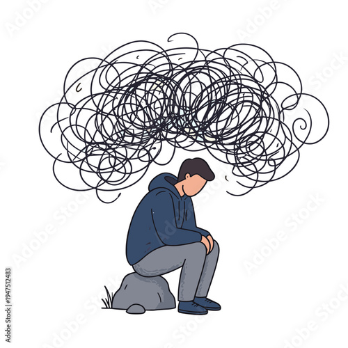 A man sits on a rock with a confused facial expression surrounded by swirling lines.