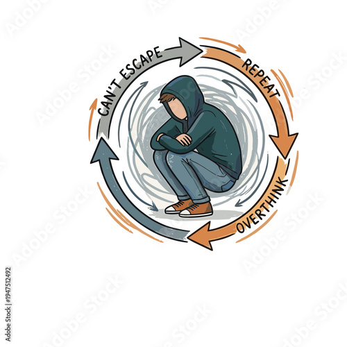 Person trapped in a cycle of overthinking and emotions