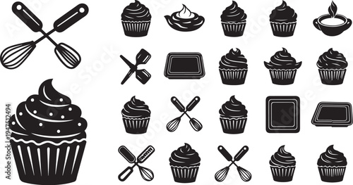Black and white cupcake icons with baking utensils illustration
