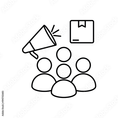icon consumer buzz with megaphone and group of people, isolated against a clean background.
