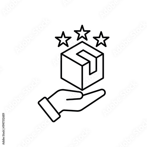 icon a popular product with package box held by hand and stars, isolated against a clean background.