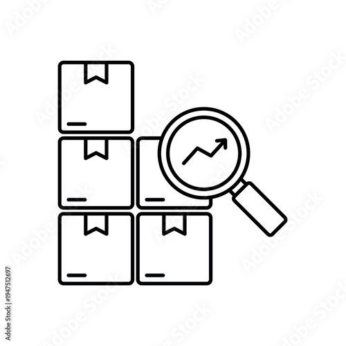icon a demand surge with stacked boxes and magnifying glass, isolated against a clean background.