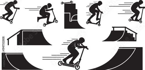 Scooter rider performing tricks at skate park ramp facility