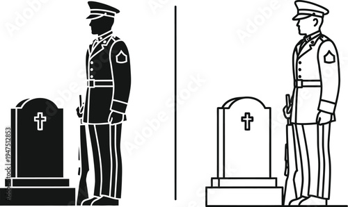 Soldiers standing by graves in black and white Vector