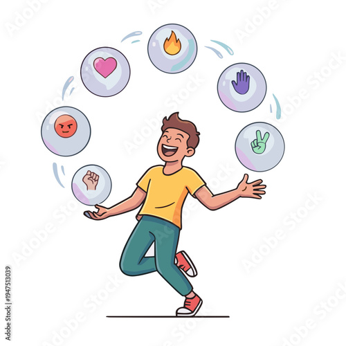 Man juggles emoticons while running with a joyful expression outdoors.