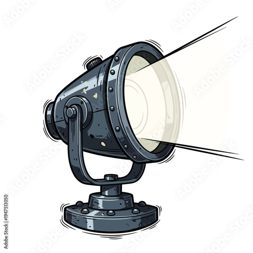 Vintage spotlight with bright beam of light, isolated on white background