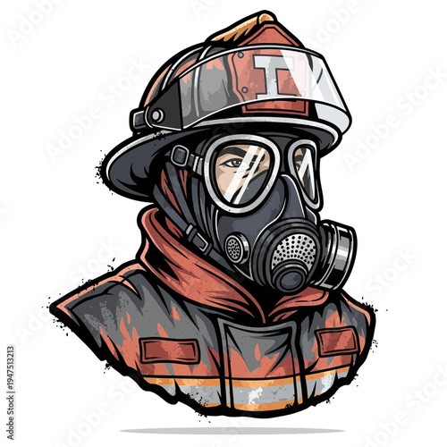 Firefighter in protective gear and gas mask, illustration