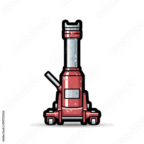 Red hydraulic car jack, isolated on white background, cartoon style