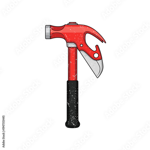 Red multi-tool hammer with axe and knife attachments, isolated on white.