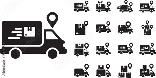 Logistics and delivery icons with truck and map pin