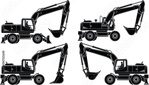 Excavator construction machinery silhouette set with wheeled hydraulic diggers and operator cabin isolated black vector illustration for engineering, earthmoving 