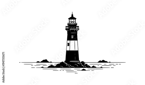 Solitary coastal lighthouse shadow vector illustration in black and white isolated