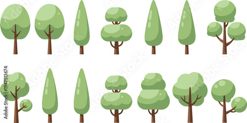 Flat vector illustration collection of various green forest trees including cypress and deciduous species, nature plant icons set isolated on white background design