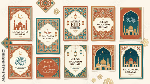 A collection of beautifully designed Islamic greeting cards for Eid al-Adha and Eid Mubarak, featuring mosques, crescent moons, and intricate patterns in warm and cool tones.