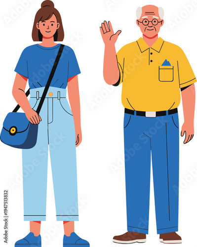 Flat vector illustration of a young woman with a shoulder bag standing next to a senior man waving hello, representing generational diversity and family.