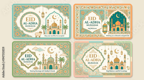 Four beautifully illustrated Eid al-Adha Mubarak greeting cards featuring mosques, sheep, and intricate Islamic patterns in pastel colors.