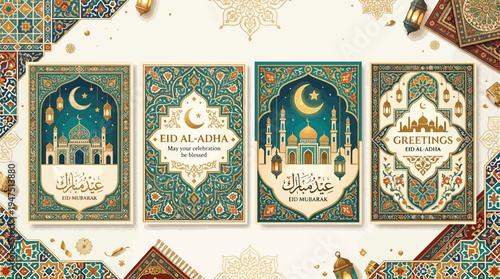 Four beautifully designed Islamic greeting cards for Eid al-Adha, featuring mosques, crescent moons, stars, and intricate geometric patterns in teal and gold.