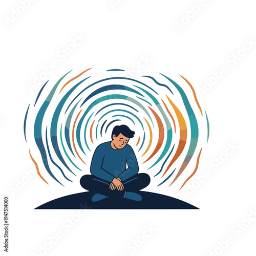 A man sits cross-legged on a hill experiencing overwhelming emotions with swirling patterns