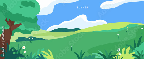 A minimal flat vector illustration of a fresh summer landscape with a green meadow and lush trees