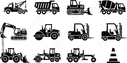Heavy construction machinery icons set with excavator bulldozer dump truck crane and road roller silhouettes isolated on white, industrial vehicle flat vector illustration cad drawing.