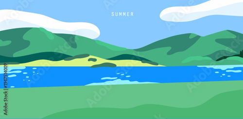 A minimal flat vector illustration of a fresh summer landscape with a green meadow and a flowing river.