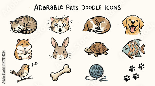 Adorable hand-drawn doodle icons featuring various cute pets like cats, dogs, hamsters, rabbits, turtles, fish, and birds with related items.