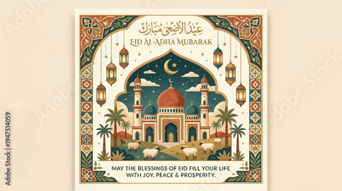 Vibrant illustration celebrating Eid al-Adha with a mosque, crescent moon, stars, sheep, and decorative Islamic patterns, conveying blessings and prosperity.