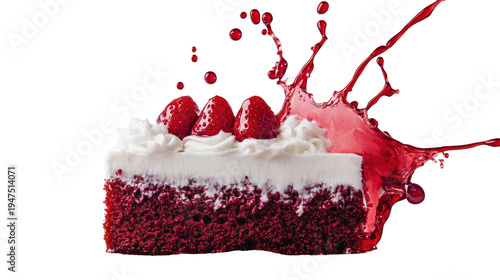 A slice of red velvet cake with strawberries and whipped cream on transparent background