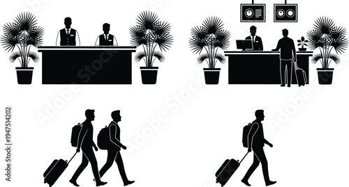 Hotel reception desk with staff and travelers silhouette set isolated on white background, airport check in counter flat vector illustration cad drawing design.