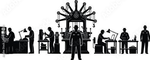 Industrial factory workers and engineers silhouettes operating machinery, manufacturing production line and workshop equipment, industry labor teamwork concept isolated on white background