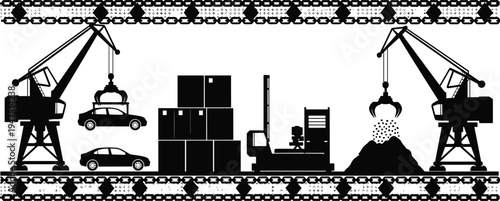 Industrial Logistics and Maritime Port Infrastructure Vector Silhouette Featuring Heavy Cargo Cranes Loading Automobiles Stacking Shipping Containers and Material Handling Forklift in Terminal Hub 