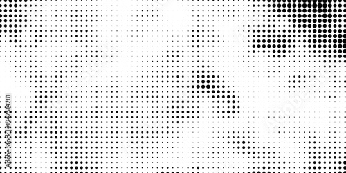 Grunge halftone gradient background. Faded grit noise texture. White and black sand wallpaper. Retro pixelated backdrop. Anime or manga style comic overlay. Vector graphic design textured template