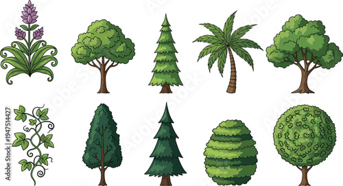 Large set of green tree vector illustrations with flowers, vines, palms, and pines isolated on white background for garden landscaping, environment design, and nature projects.Large set of green tree 