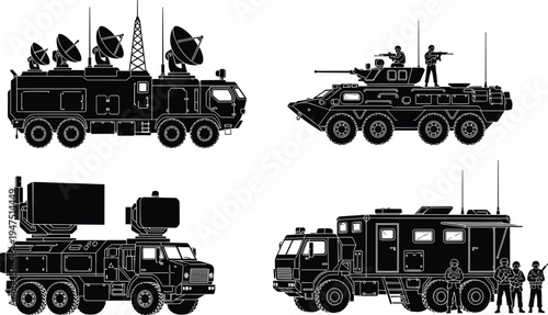 Military armored vehicles and radar communication trucks silhouette set including reconnaissance vehicle, command center truck, and air defense radar system isolated vector illustration